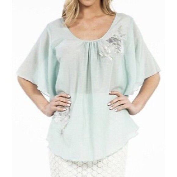 NWT Karen Kane Aqua Silver Flutter Slv Silk Top | Coastal Mermaidcore Old Money - Picture 7 of 8